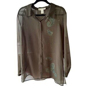 Norton Womens Sheer Button-Up Blouse size XL Paisley Print Accents Olive Green